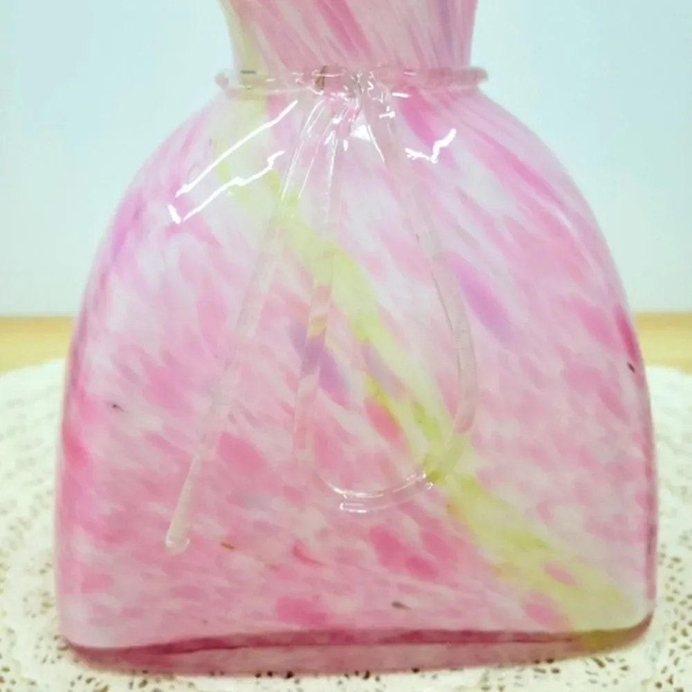 Vintage Murano Style Pink Cased Art Glass Tied Gift Bag Swirl Vase